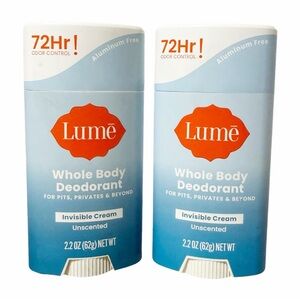 2 x LUME Whole Body Deodorant UNSCENTED Invisible Cream Stick 72hr Odor Control